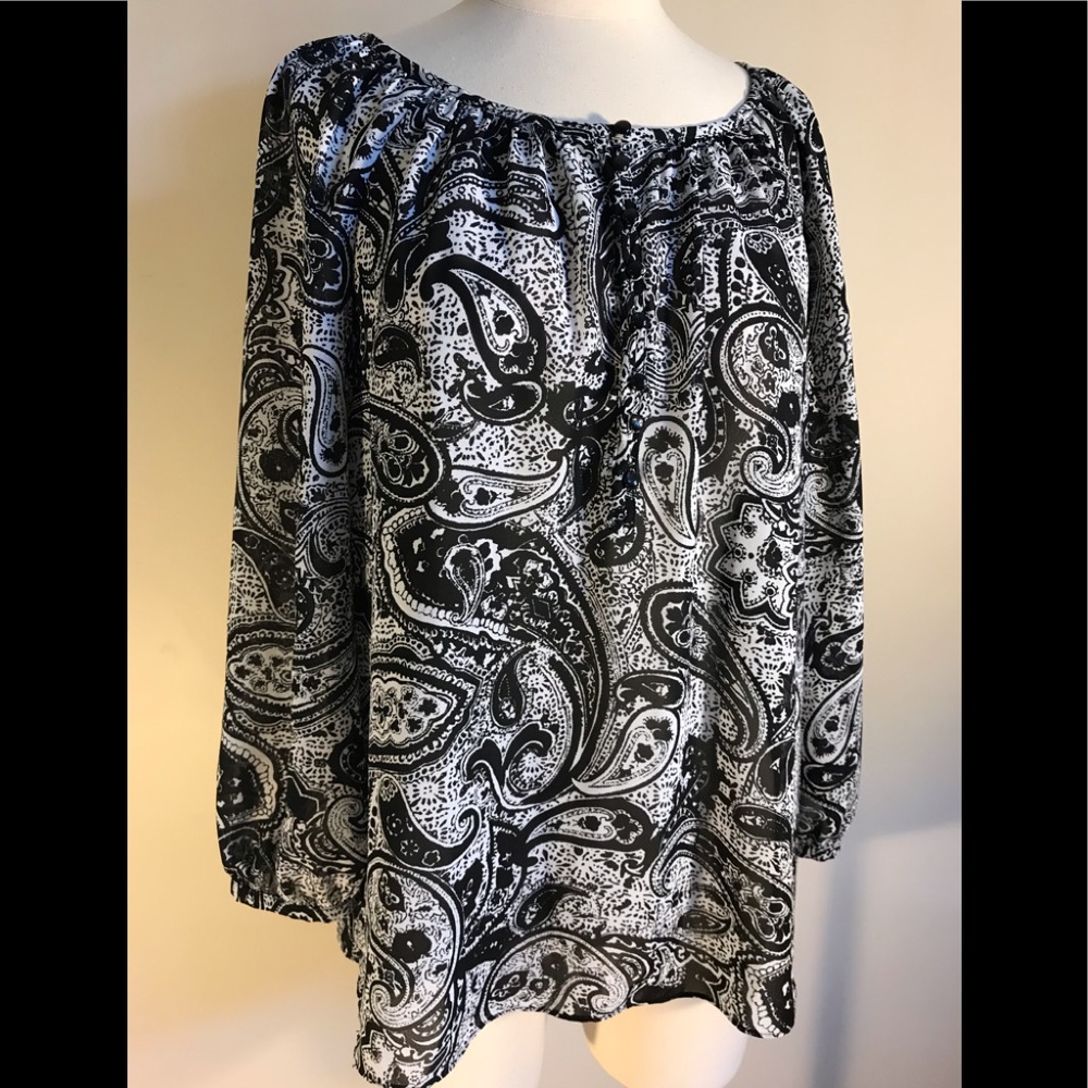 Chaps Black & White Semi-Sheer Blouse Size Large